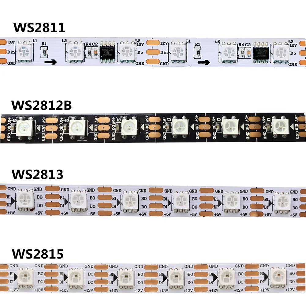 

WS2811 WS2812B WS2813 WS2815 30/60/144 Светодиодная лента s/m RGB Светодиодная лента WS2812B индивидуально Адресуемая лента освещения DC5V DC12V IP30/65/67