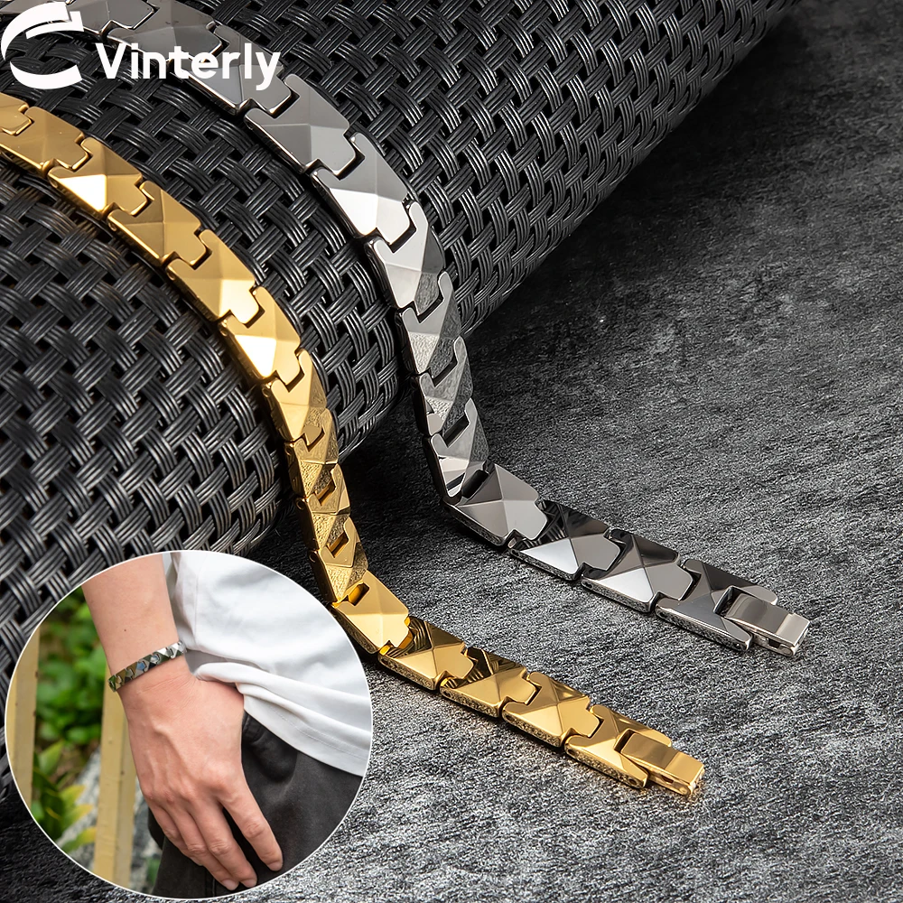 Vinterly Anti-scratch Tungsten Carbide Bracelet Men Green Tourmaline Health Benefits Gold-color 20/21cm Jewelry Waterproof