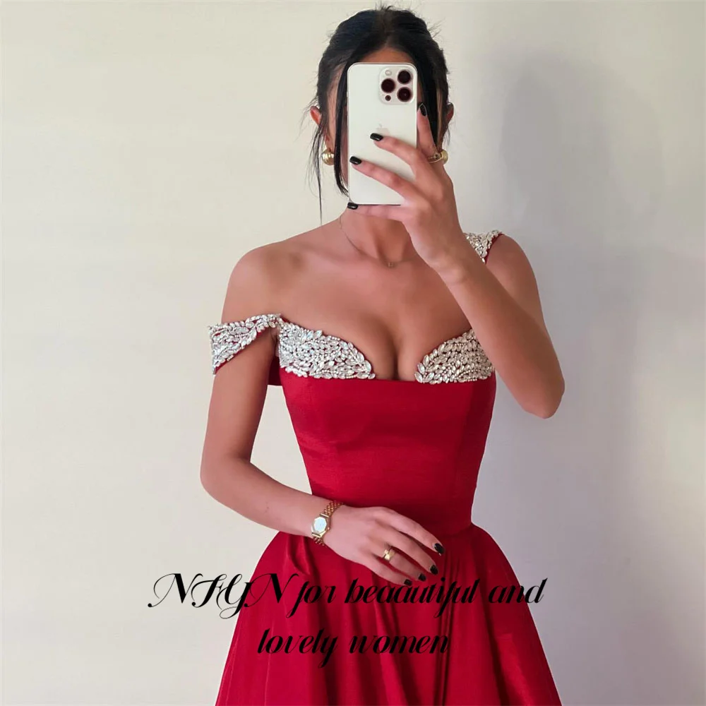 NFYN Spaghetti Strap Red Prom Dresses Gown Stain Beach Formal Gown A Line Beading Evening Gown vestidos de noche Customized