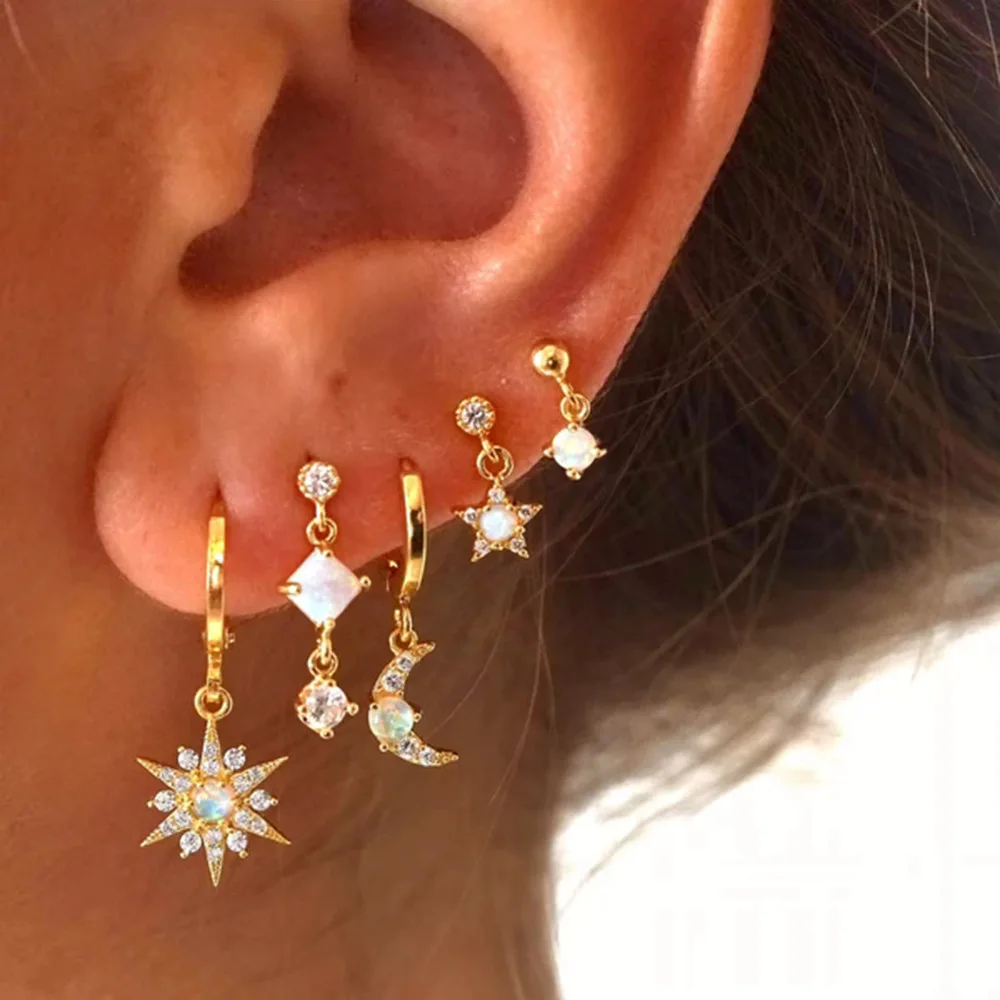 5PCS Vintage Star Moon Zircons Opals Dangle Huggie Hoop Earrings Set for Women Tiny CZ Stackable Piercing Cartilage Ear Studs