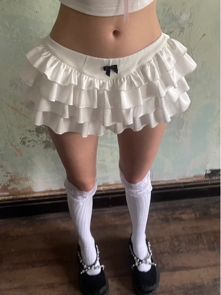 Y2k Kawaii Cute Cake Ruffles White Mini Skirt Women Bow Slim Skirt Elastic Waist Summer A-line Skirt Going Out Party Streetwear