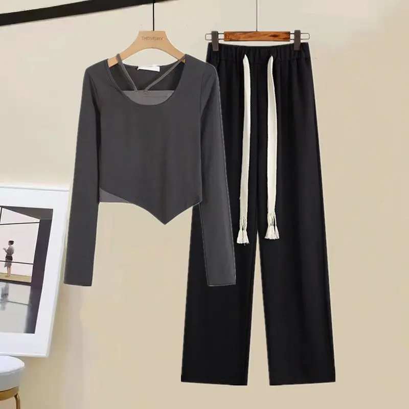 Women's Set 2024 New Early Autumn Irregular Long sleeved Slim Fit Top+Fashionable Loose Wide Leg Pants