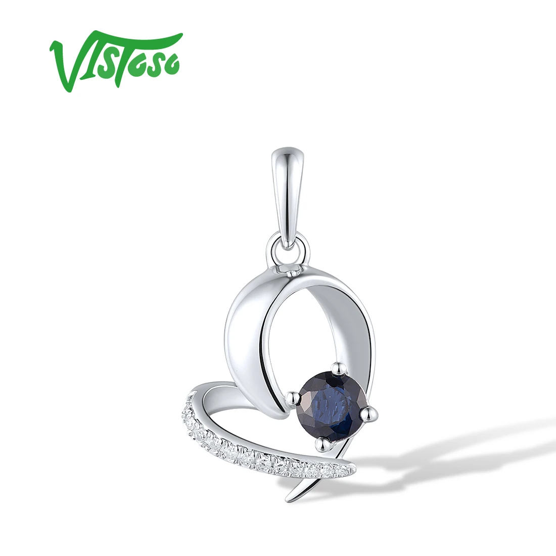 VISTOSO Genuine 14K 585 White Gold Pendants For Women Sparkling Diamond Blue Sapphire Heart Wedding Anniversary Fine Jewelry Set