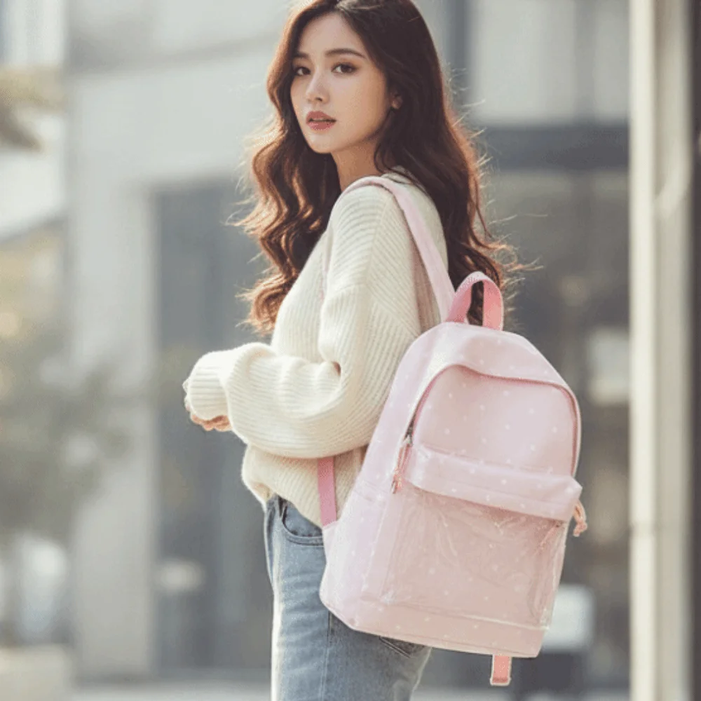 Ita-Tasche im japanischen Stil mit transparentem Fenster, großer Kapazität, leichtem Polyesterfutter und Polka-Dot-Muster. – Detail 8
