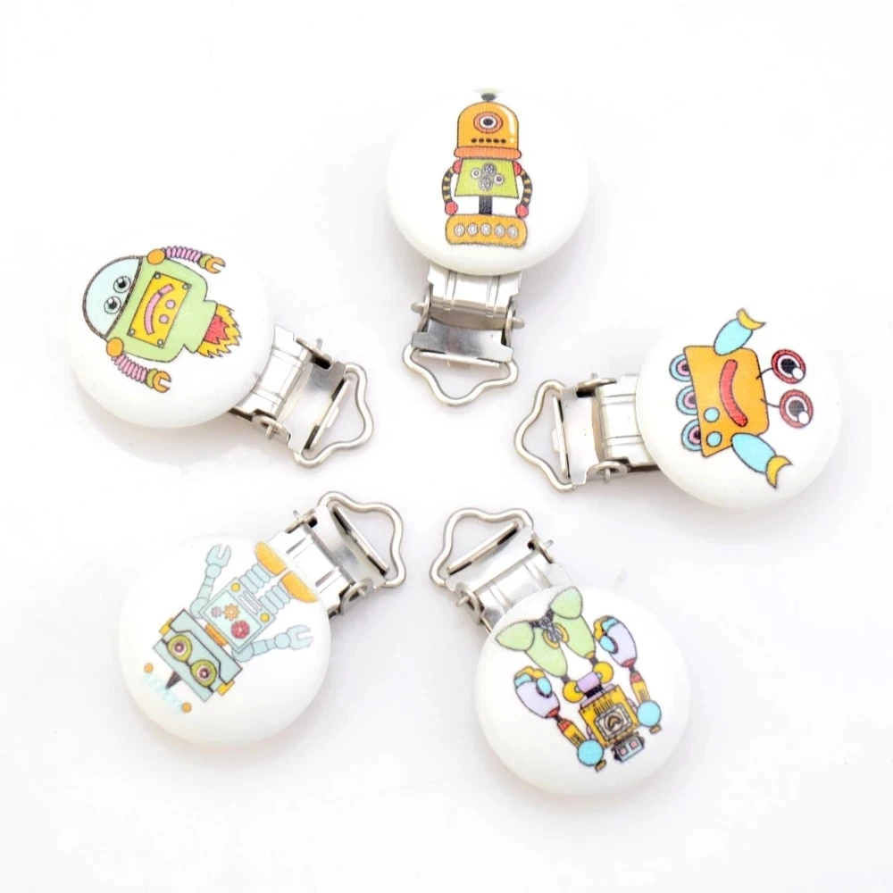 5PCs Wood Baby Pacifier Clips Cartoon Space Radar Robot Metal Holders Cute Infant Soother Clasps Funny Accessories 4.8*2.9cm