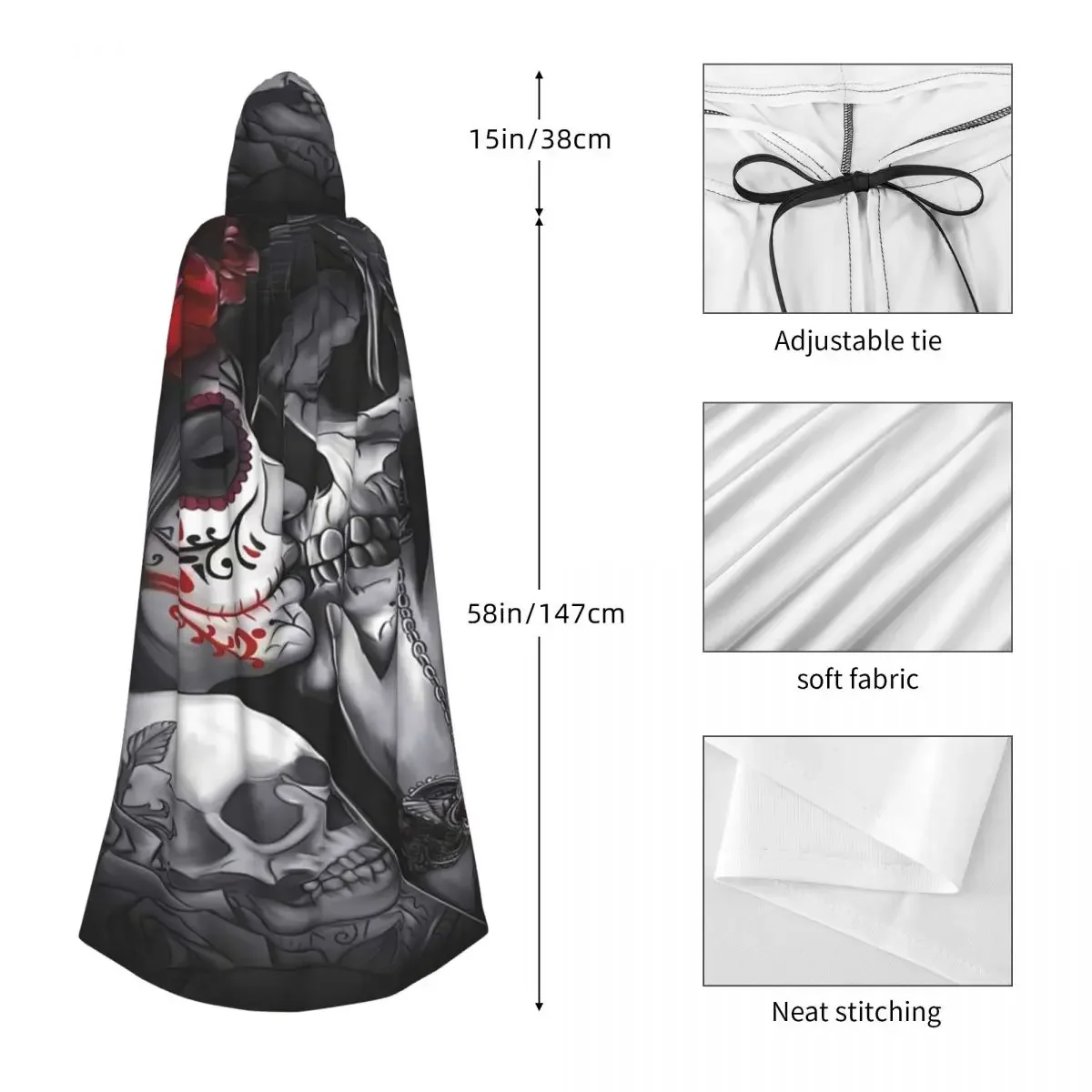 Custom Mexican Catrina Girl Day Of The Dead Sugar Skull Long Hooded Cloak Witch Medieval Costume Cosplay Cape Halloween