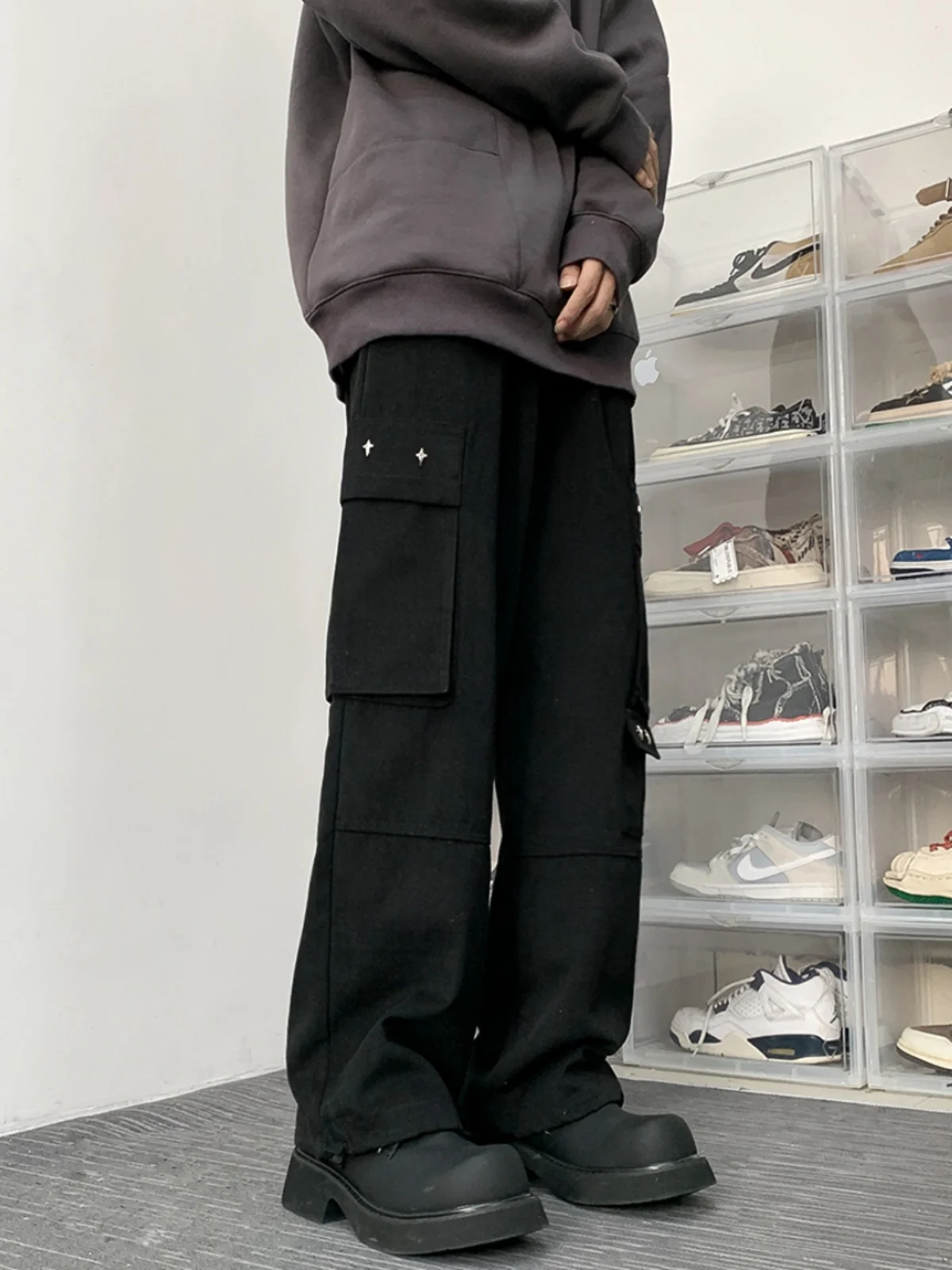 

American High Street Style Men's Casual Workwear Pants Spring Autumn Loose Straight Leg Trousers with Big Pockets