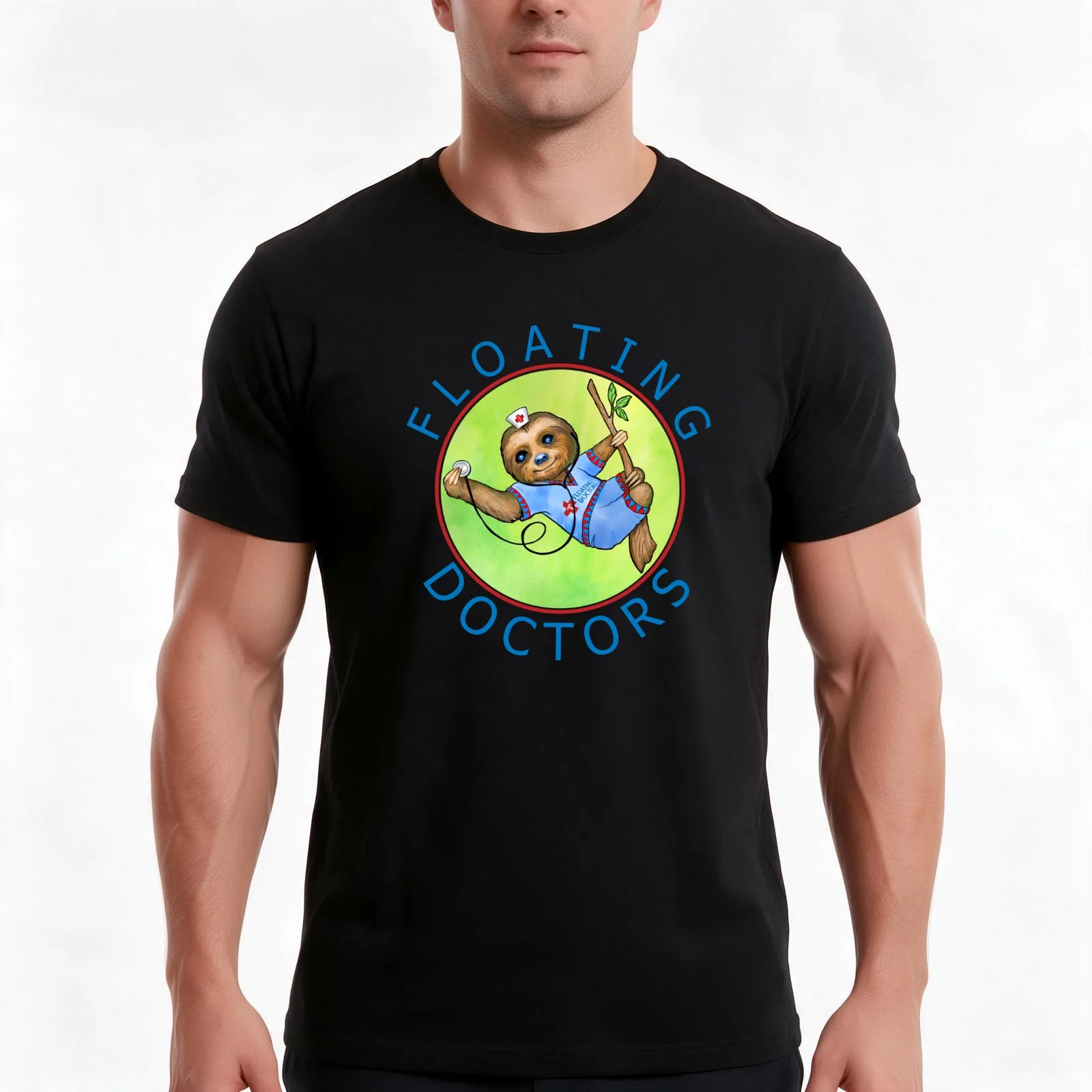 Floating Doctors Dr.Sloth Red Circle Collection T-Shirt, Summer Casual Cotton Tee, Oversized Streetwear Tops, Unisex Men Women