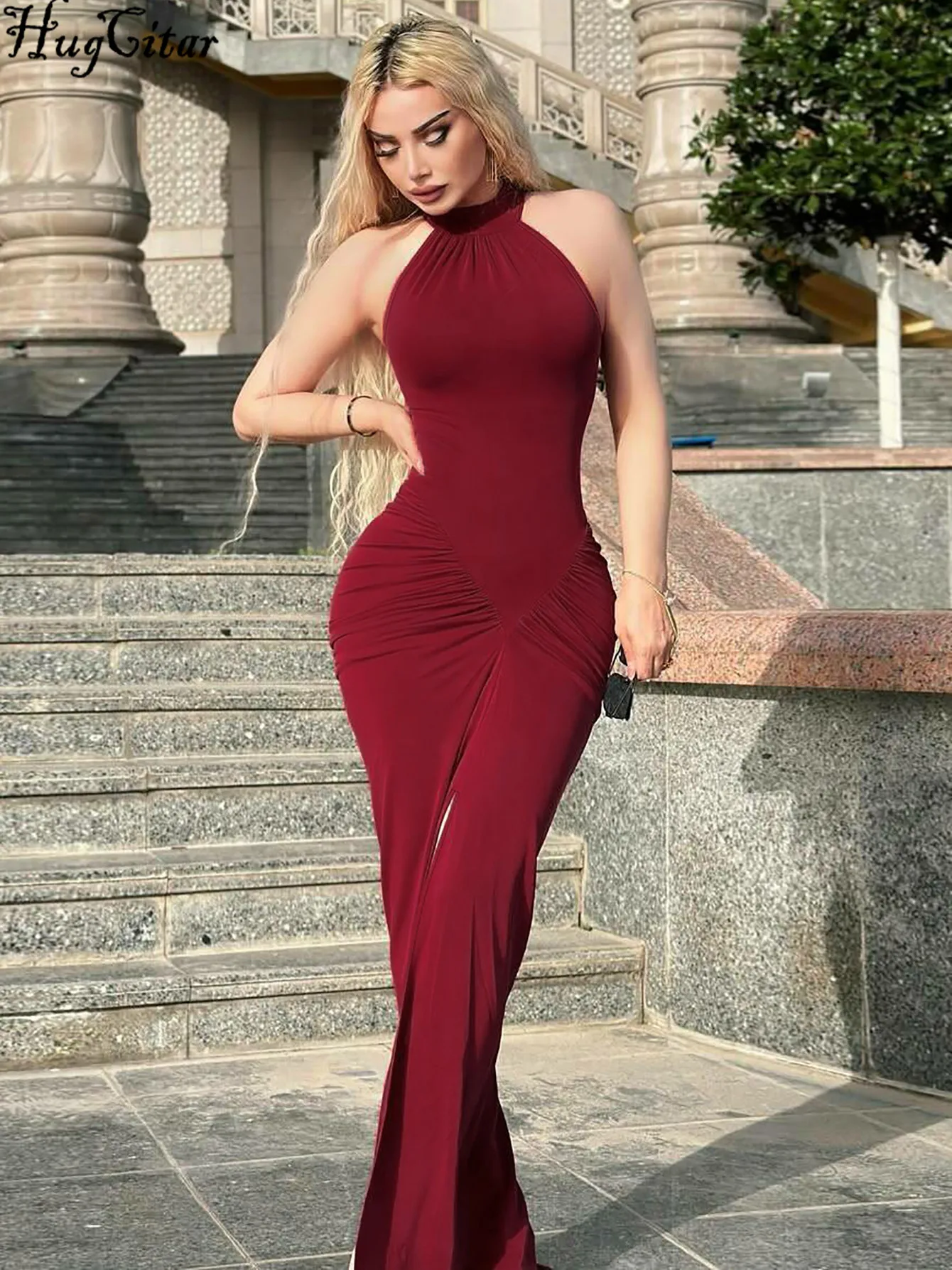 Hugcitar 2025, Neckholder, solide, ärmellos, gerüscht, rückenfrei, sexy Reißverschluss, Maxikleid, Sommer, Damenmode, Outfit, Abendparty, Festival