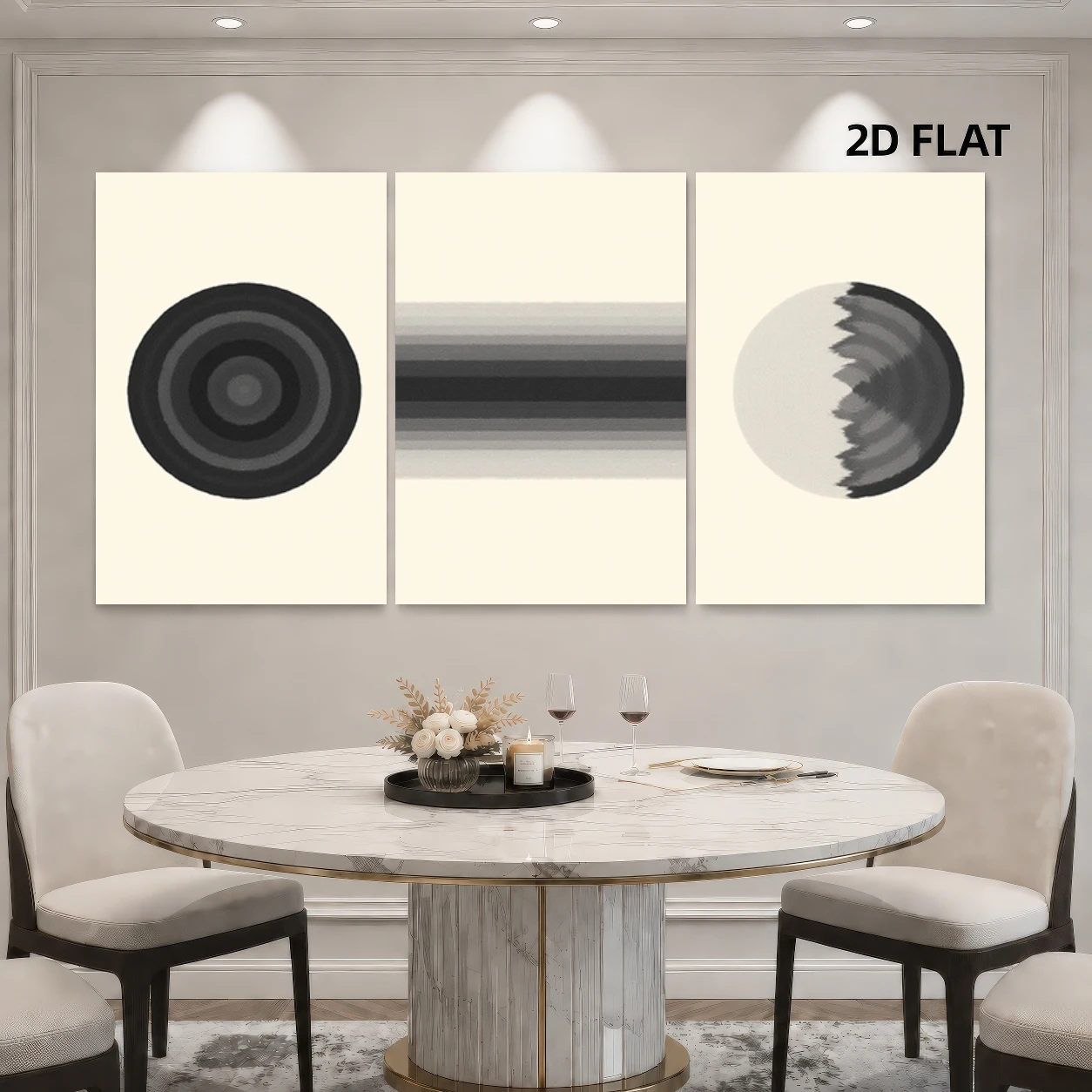2D Flat, 2D Flat, 3pcs Modern Minimalist Rug Design Wall Art Prints, Circle, Rectangle And Semi-Circle in Black, White And Gr