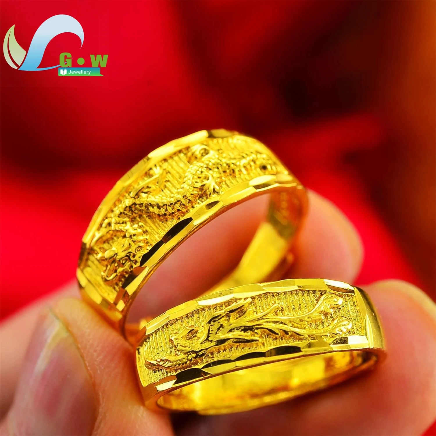 Fancy Gold Carve Dragon Phoenix Couple Adjustable Open Rings Stone Lucky Charm Band Classic Elegant Fashion Jewelry Gift Wedding
