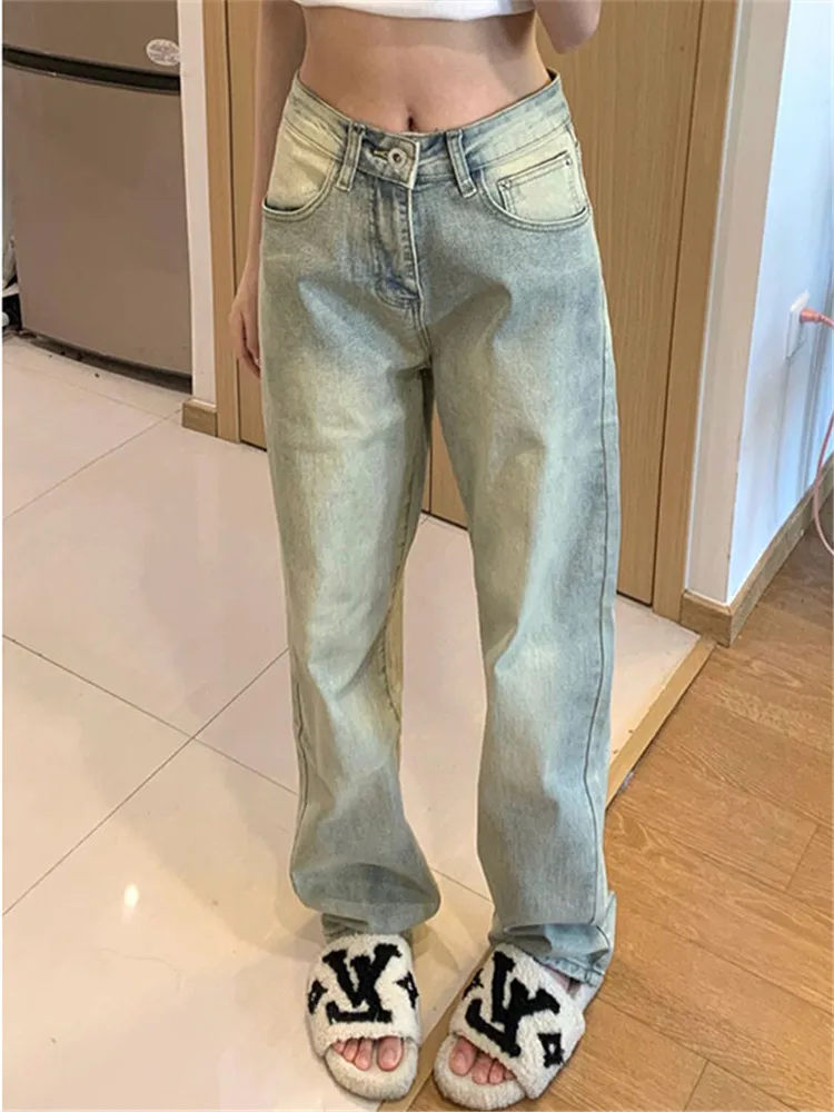 

American Retro High Street Yellow Clay Dye Straight Leg Jeans Women's Spring Autumn High Waist Slimming Tall Extended Floor-L...