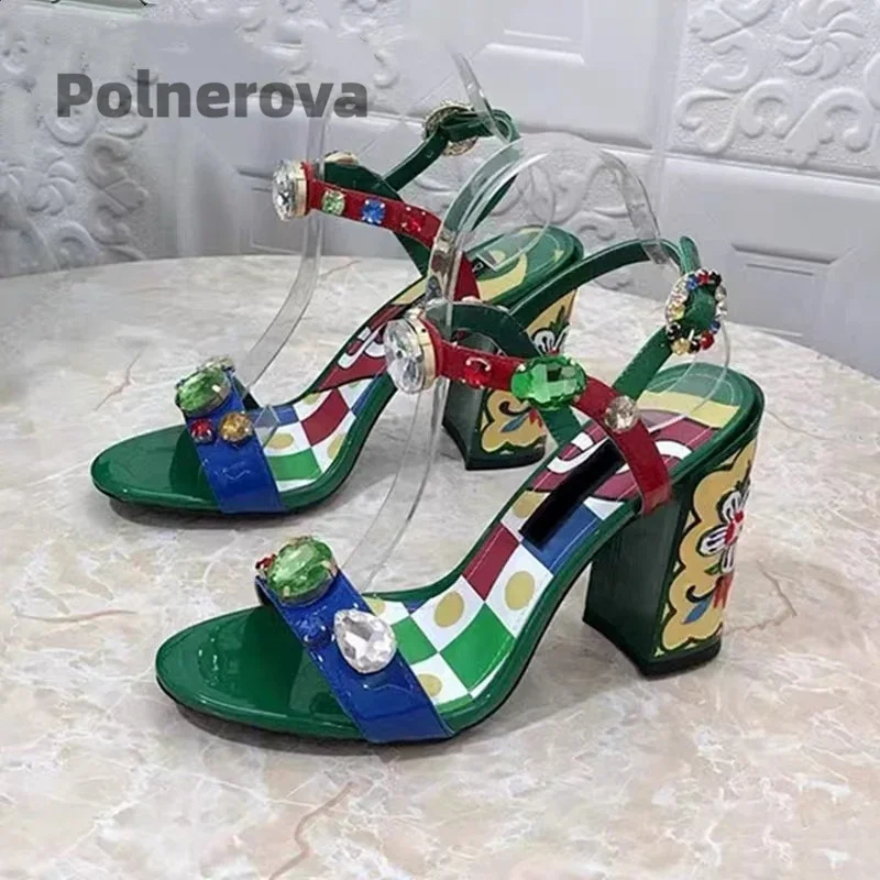 

High Heels Prints Gemstone Sandals for Women Leather Thick Heel Bohemian Rhinestone Buckle Strap Banquet Beach Shoes Summer