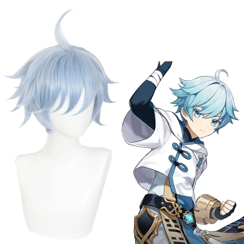 Xiu Dan Genshin Impact Chongyun コスプレウィッグ ライトブルー 上向きスタイル 455E