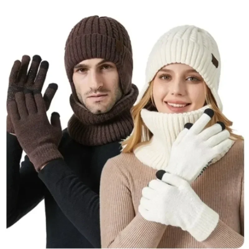 

3Pcs/set Winter Warm Beanie Hat Scarf Knitted Woolen Touch Screen Gloves Outdoor Soft Fleece Lining Scarves for Men Women