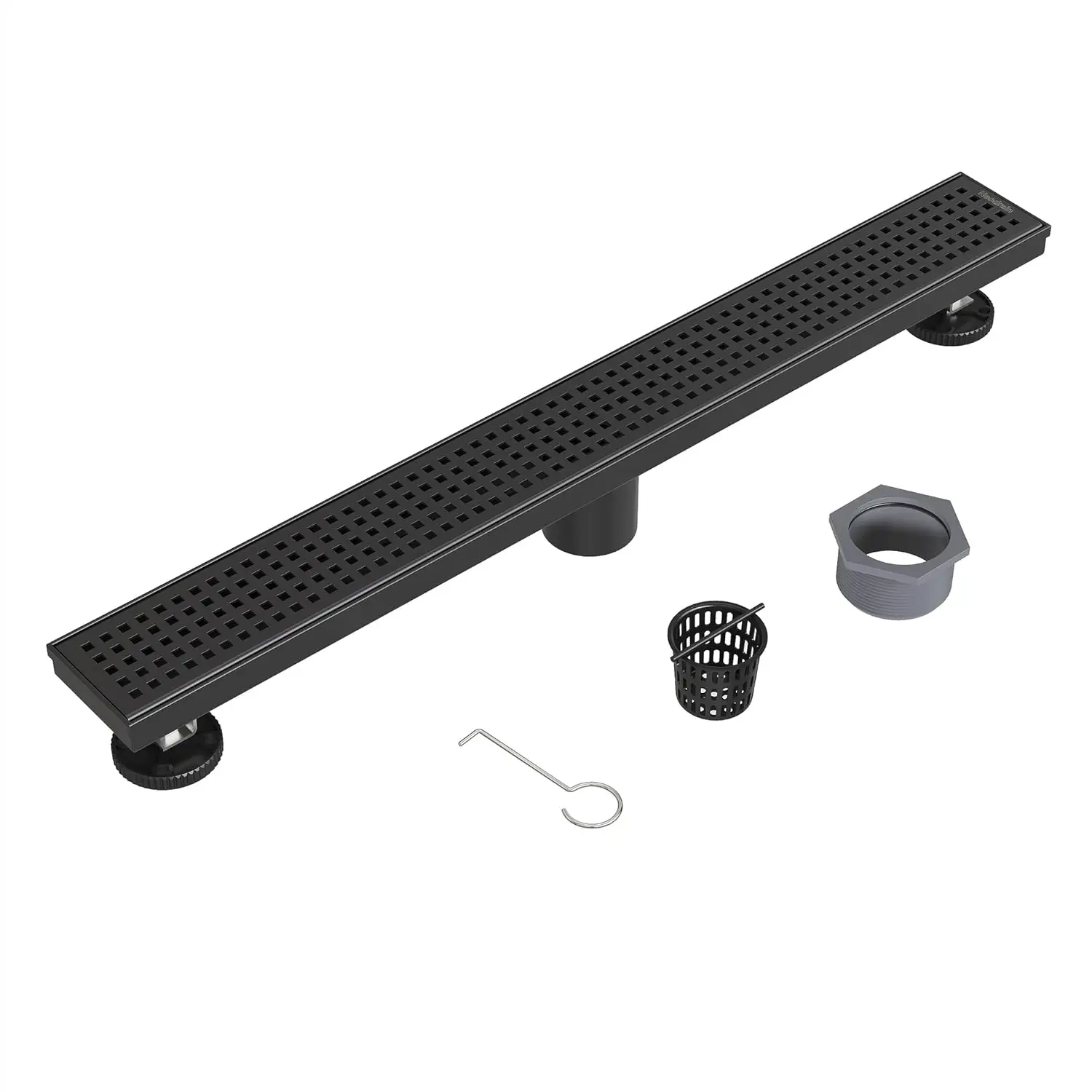 

24-Inch Black Linear Shower Drain with Removable Quadrato Pattern Grate, 304 Stainless Steel Rectangle Shower Floor Drain, Linea