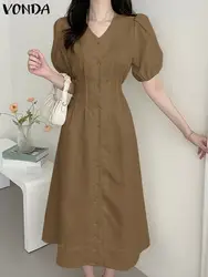 VONDA 2024 moda prendisole donna manica corta a sbuffo abito estivo tinta unita con scollo a v bottone Casual allentato Midi abiti Robe Femme