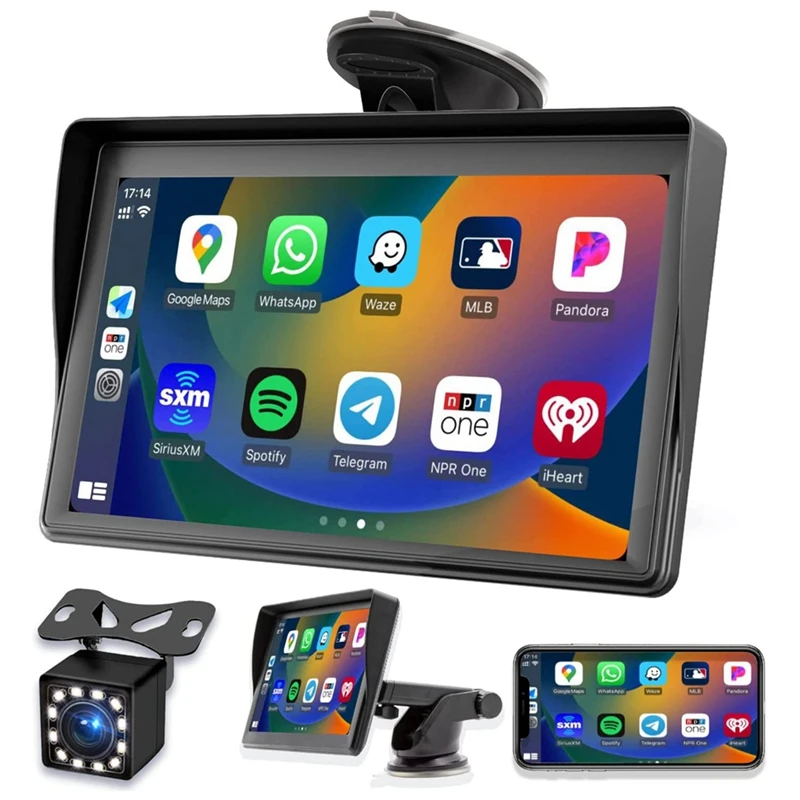 Portable Dash Mount Carplay Display 7In Touch Screen, GPS Navigatin,Bluetooth Car Stereo Radio, Backup Camera, FM Radio