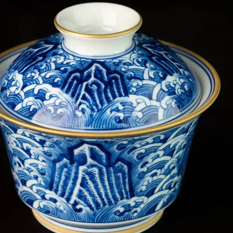 Holy Mountain Jingdezhen Hand-Painted Blue And White Jiangya Seawater Minglong Set Cover Bowl Chinese Handmade Ceramic Tea Cup