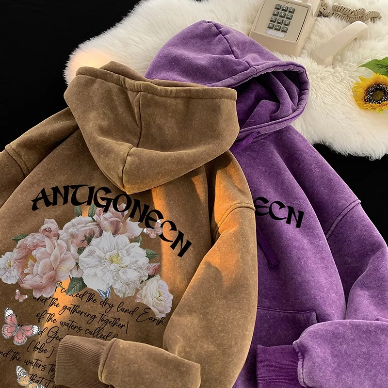 NXXTRESS-Hoodies antigos lavados retrô para homens e mulheres, moletons soltos de flores de hip-hop, moletons de rua alta