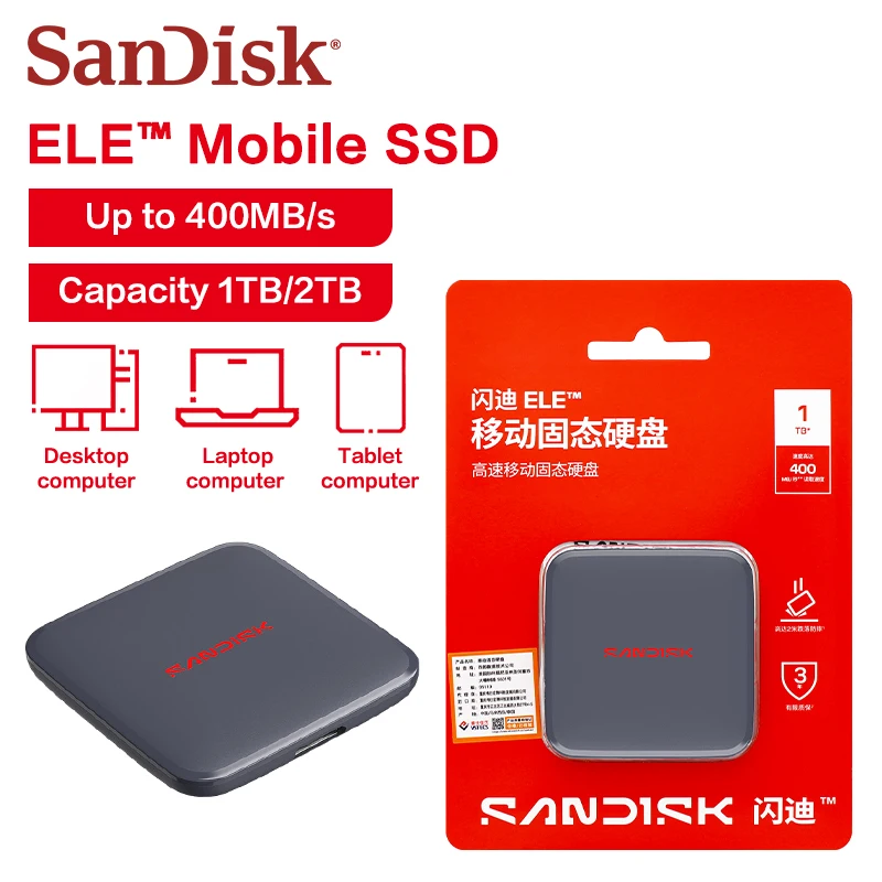 SanDisk 1TB 2TB ELE Portable SSD 400MB/s Read Fast File Transfer External Solid State Drive for Office Work School Data Backup
