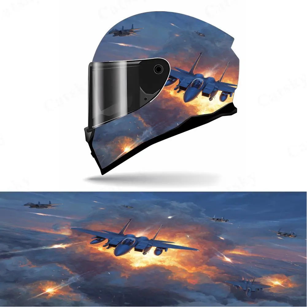 Decalque de capacete de rosto inteiro Fighter Jets in Action - PVC durável e à prova d'água, capacete de corrida de motocicleta autoadesivo estético S