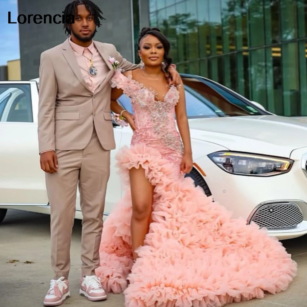 Sukienka na studniówkę dla czarnoskórych dziewcząt, różowa, błyszcząca, syrenka, z wysokim rozcięciem, warstwowe falbany, luksusowa, zdobiona koralikami, suknia galowa YPD160