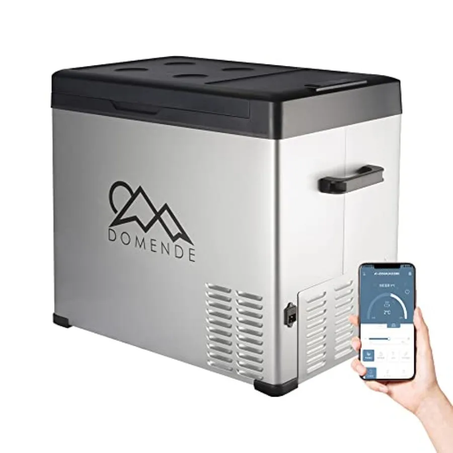 

Portable 12V car fridge for driving, camping, travel, fishing; compressor-cooled aluminum body in black; -4F to 68F temp range,