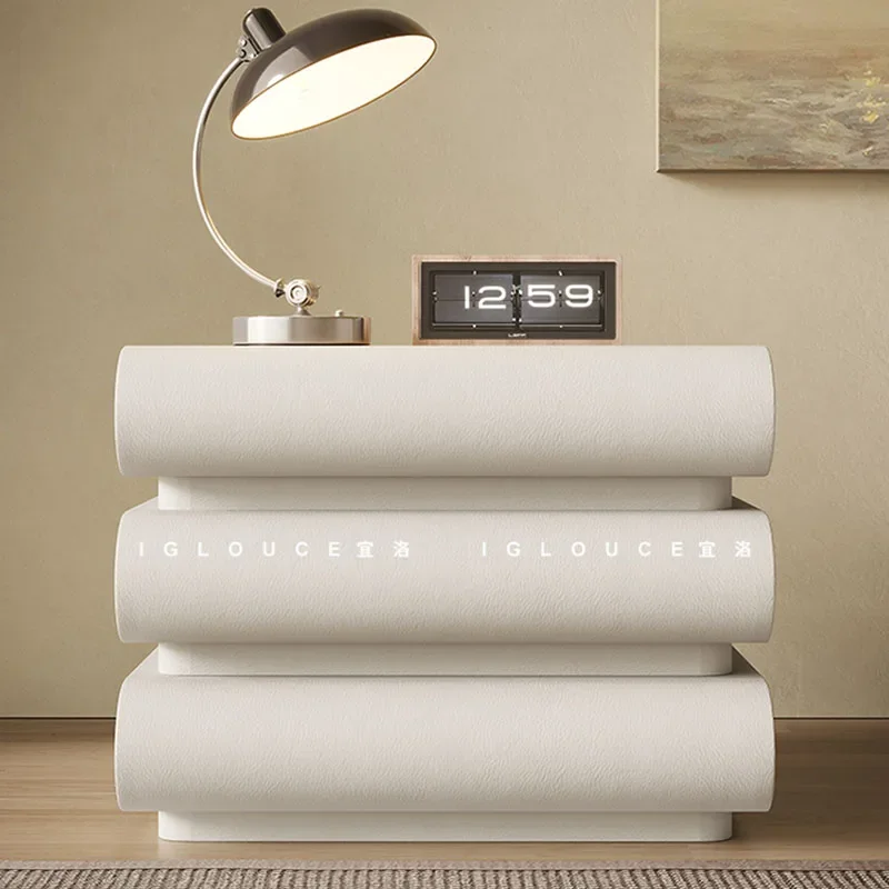 

French Cream Nightstand Smart Bedside Table Leather Storage Cabinet Modern 3 Drawer Dresser Minimalist Bedroom Furniture