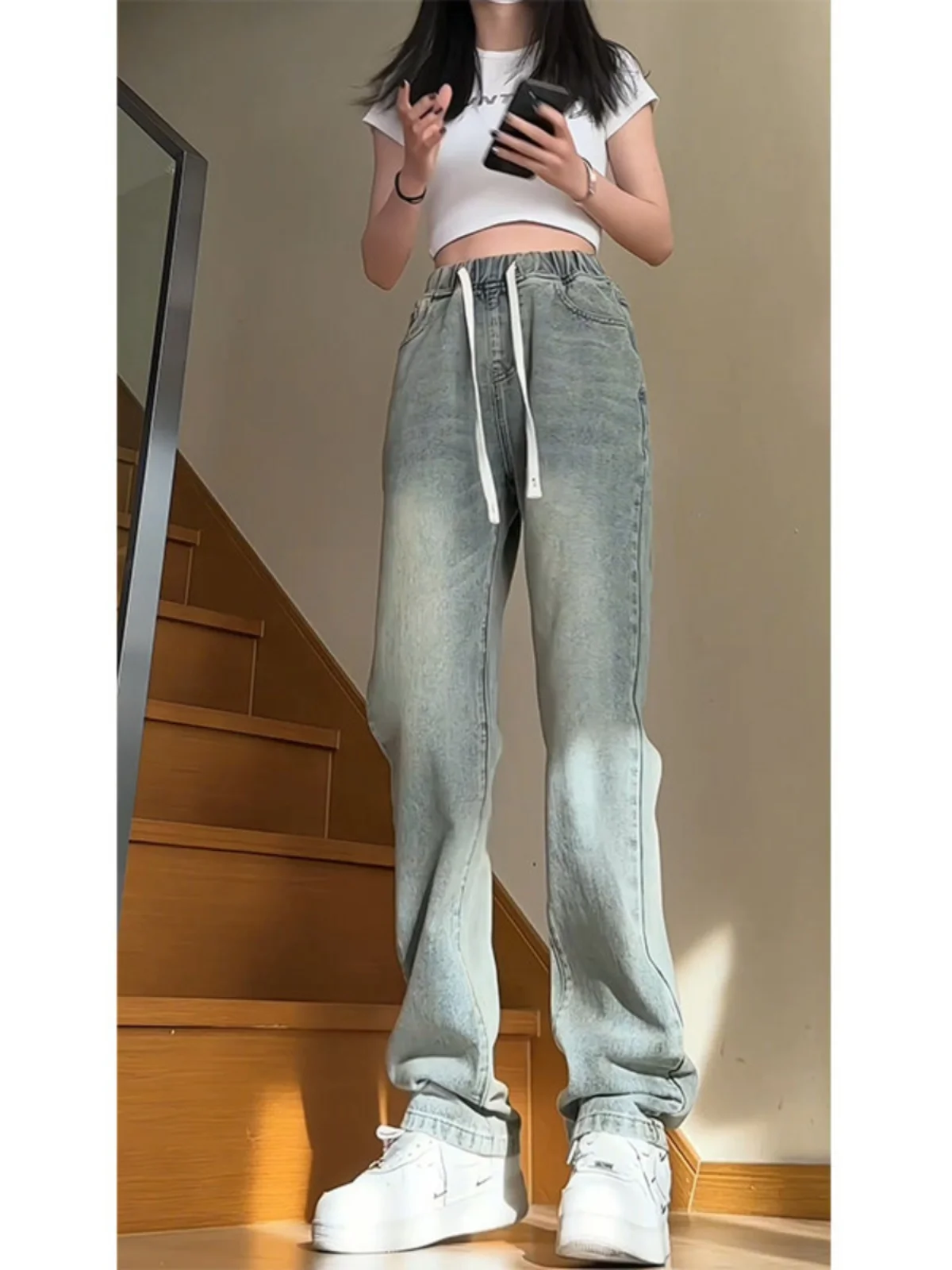 

Американские ретро-джинсы клеш для мужчин Haome: высокая талия, свободный прямой крой, длинные брюки для высоких, молодежная мода