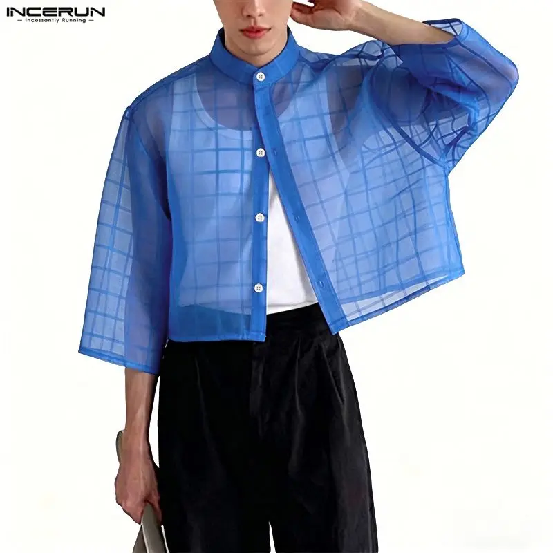 INCERUN Men Shirt Plaid Mesh See Through Half Sleeve Male Tops Streetwear Oversize 2026 Fashion Casual Men Clothes Camisa S-3XL