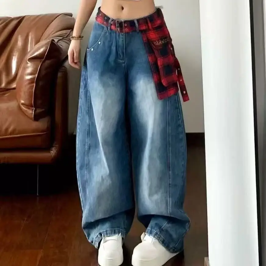 

Ретро-американский дизайн, клетчатая юбка, джинсы-колокольчики, свободные женские и мужские осенние широкие джинсы с высокой талией, повседневные хлопковые джинсы