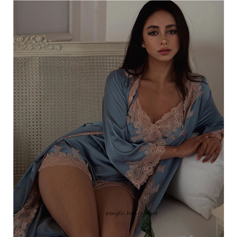 Ensemble pyjama d'été 3 pièces pour femme, lingerie sexy en dentelle, patchwork, peignoir, robe, vêtements de nuit en satin, vêtements de salon