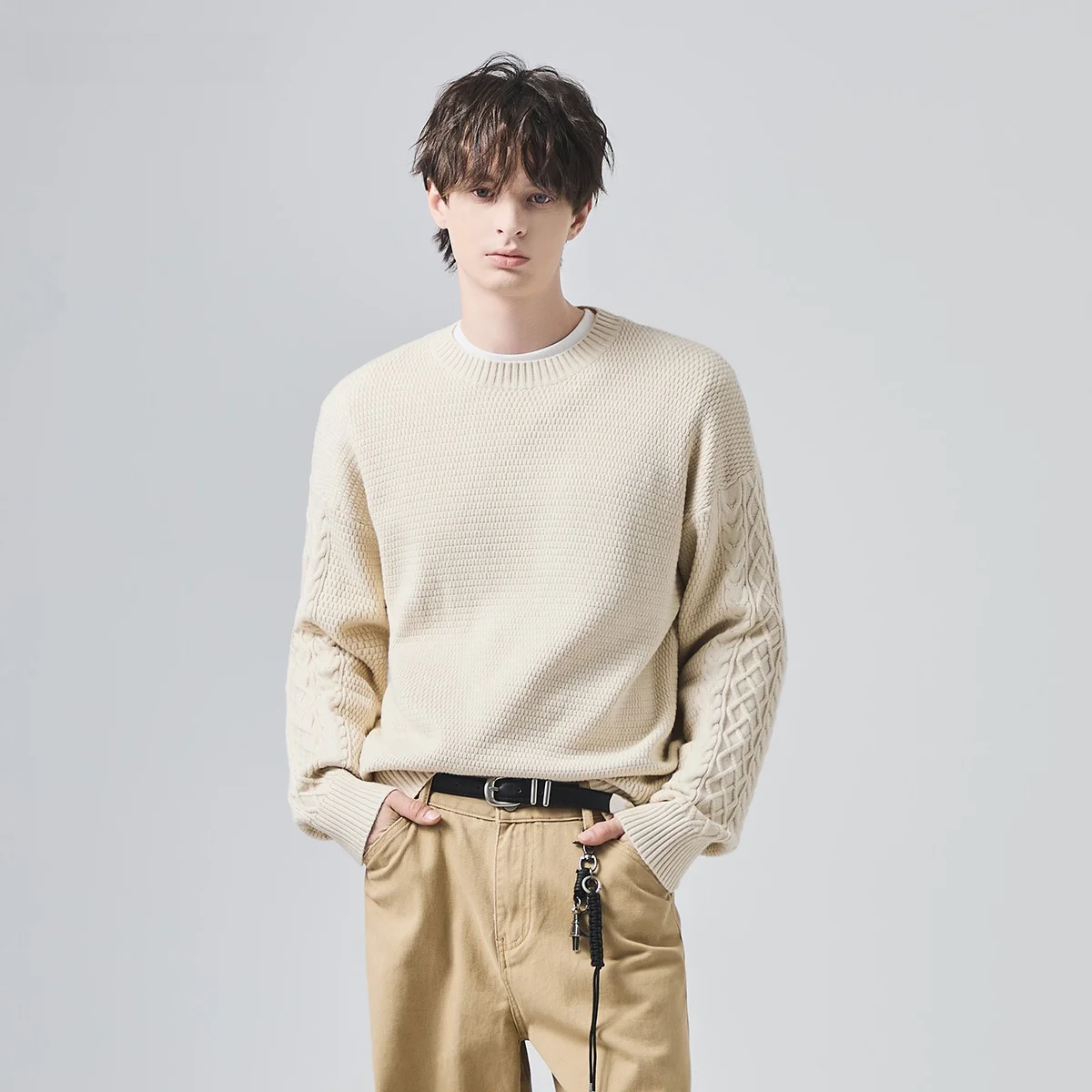 

Loose Fit Long Sve Men's Knitted Sweater Autumn Winter Korean Sle Tassel Trim Bot Hem Splicing Twist Flower Pattern