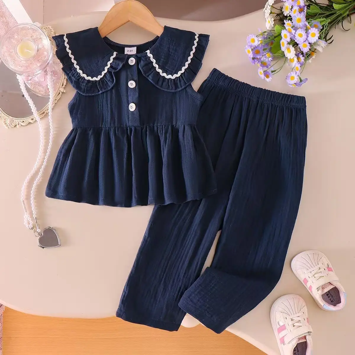 

2026 New Royal Blue Sleeveless Doll Collar Lace Trim Top & Pants 2PCS Casual Outfit for Baby Girls for 2-7Y