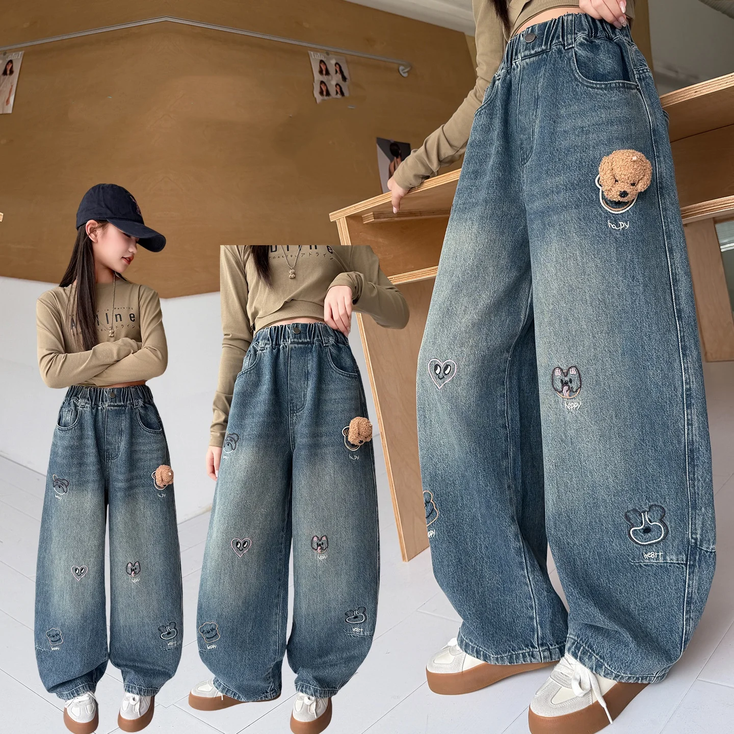 Autumn Teenager Girls Cartoon Embroidered Denim Jeans Loose Straight-leg Trousers Spring Clothing for Kids 4-14 Years