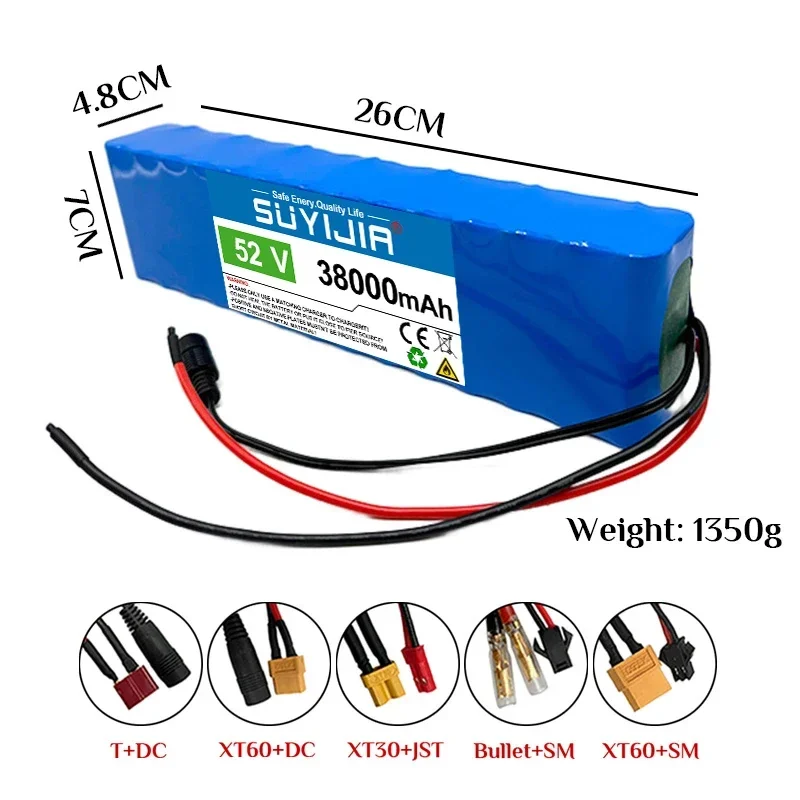 14S2P 52V 38000mAh 18650 Lithium Batteries Pack Built-in Smart BMS for E-Bike Unicycle Scooter Wheel Chair W/ 58.8V 2A Charger