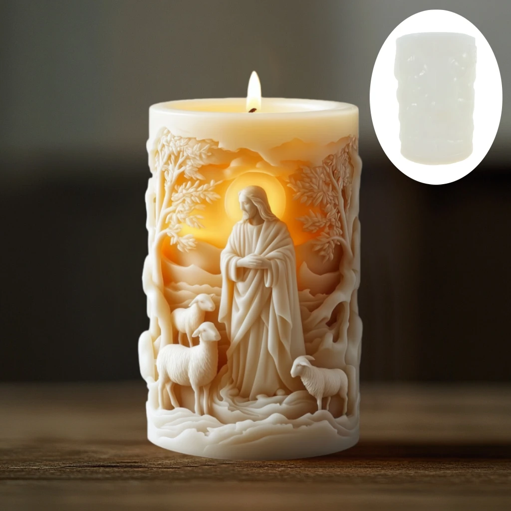 DIY Jesus Shepherd Relief Cylinder Candle Silicone Mold Jesus Shepherd Relief Cylinder Resin Mould Easter Gift Gypsum Molds - Image 2