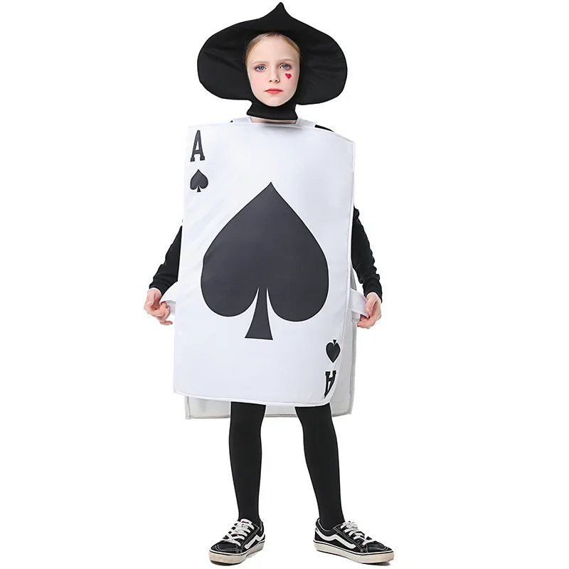 Kid Poker Spade Black A Costume Halloween Child Outfit Purim Boy Girl A Vest Hat Set Alice in Wonderland Cosplay Fancy Dress