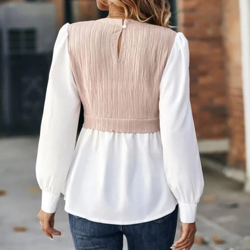 Spring and Autumn Women's Pullover Round Neck Long Sleeve Solid Button Panel Asymmetric Office Lady Fashion Casual Bottom Tops