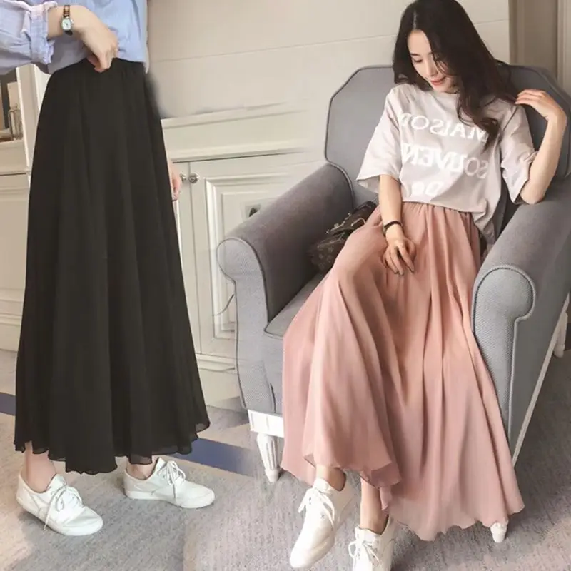 

Chiffon Wide Leg Pants Women's Drape Feeling Elegant Ethnic Style Side Solid High Waist Thin Loose Long Skirts Loose-fitting L02