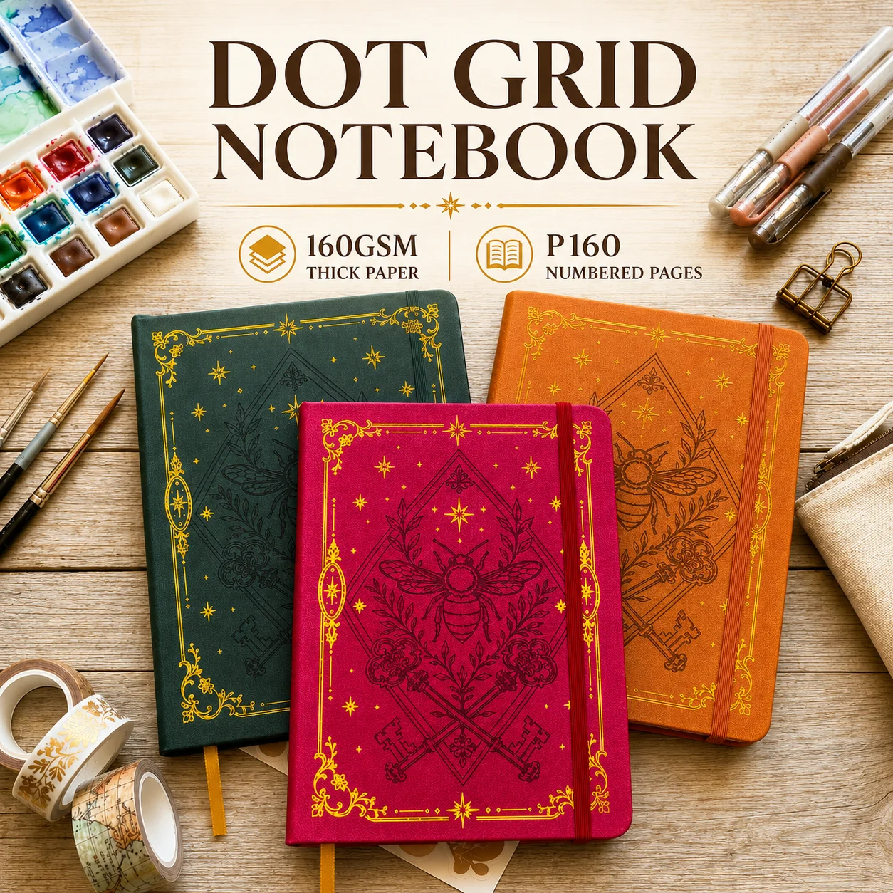 A5 Dot Grid Notebook with 160GSM Thick Paper, P160 Numbered Pages, Vintage Bee PU Leather Hardcover Journal