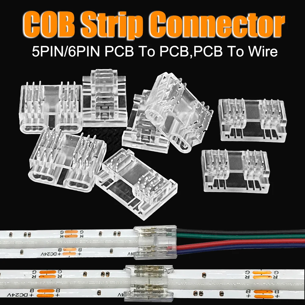 5PIN 6PIN COB Transparent Welding-Free Led Connectors Solderless Clips For 12mm  RGB Flexible FCOB RGBW RGBCCT Strip Light