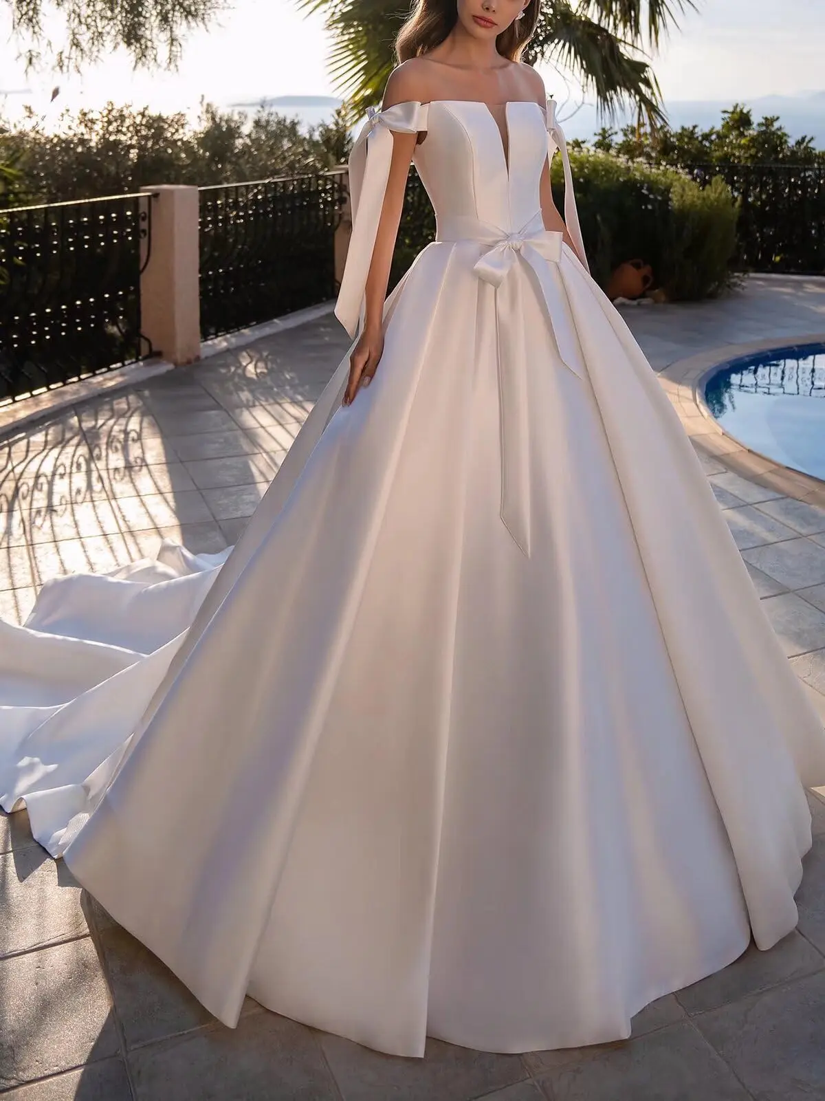 Customized Off-the-Shoulder Satin Ball Gown Wedding Dress with Bow Details Chapel Train for Beach Garden Weddings Bridal Gown