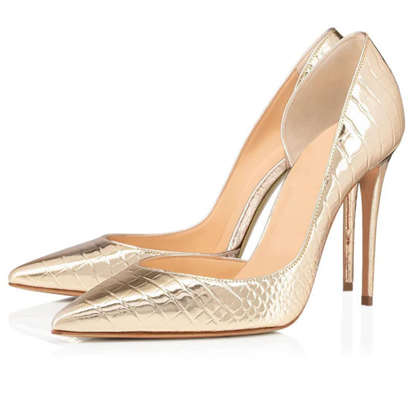 

Stylish Pointed Toe Cutout High Heel Pumps Gold Leather Slip On Sexy Leopard Stretch Fabric Cover Heels Evening Party Shoes