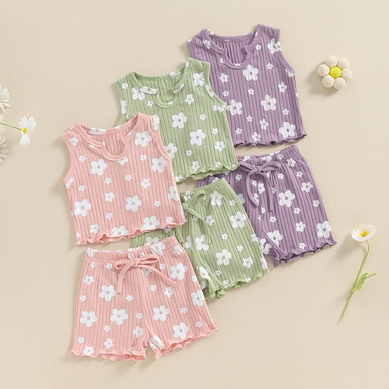 

Little Girls Baby's Clothes Summer 2PCS Sets Short Sleeve Round Neck Floral Print Vest Shorts Children's Clothing Sets