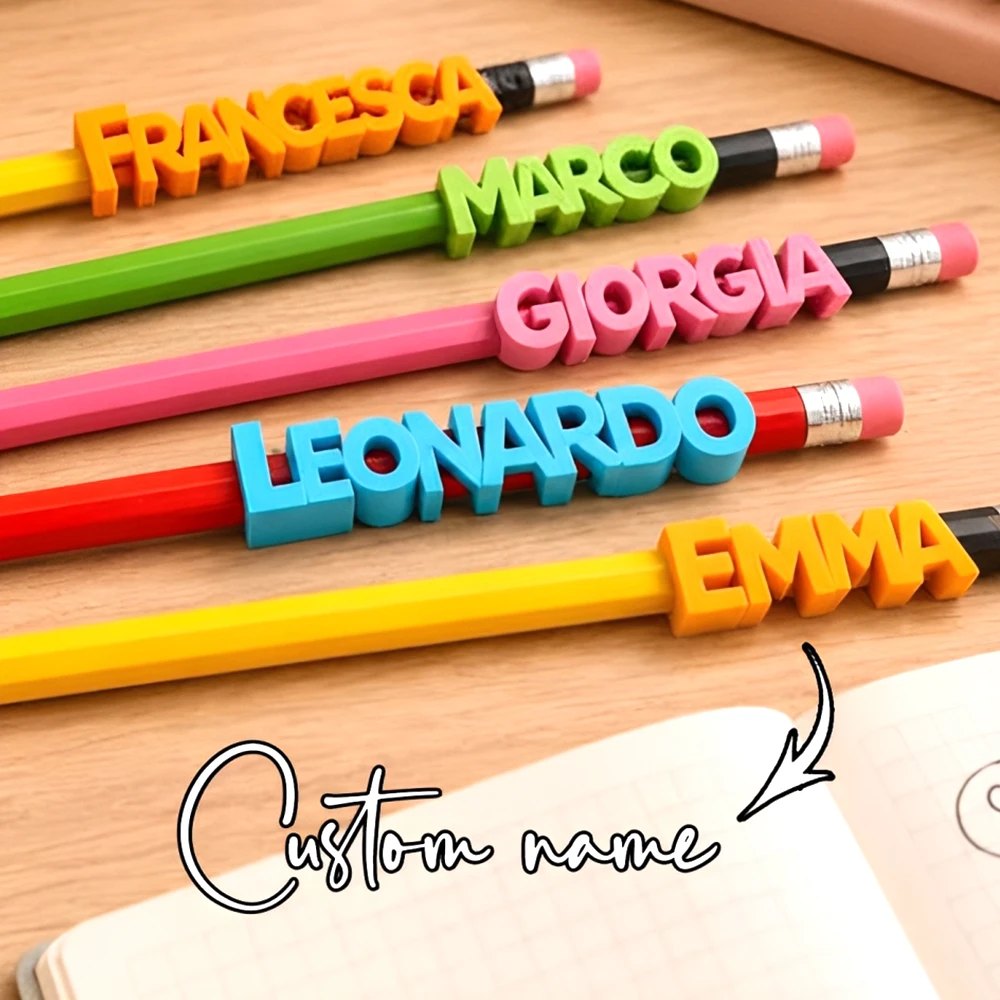 Personalized Custom Name Pencil Caps: 3D Printed Party Favors, Each Pencil Cap Comes with 1 Pencil (Pencil Color Random)