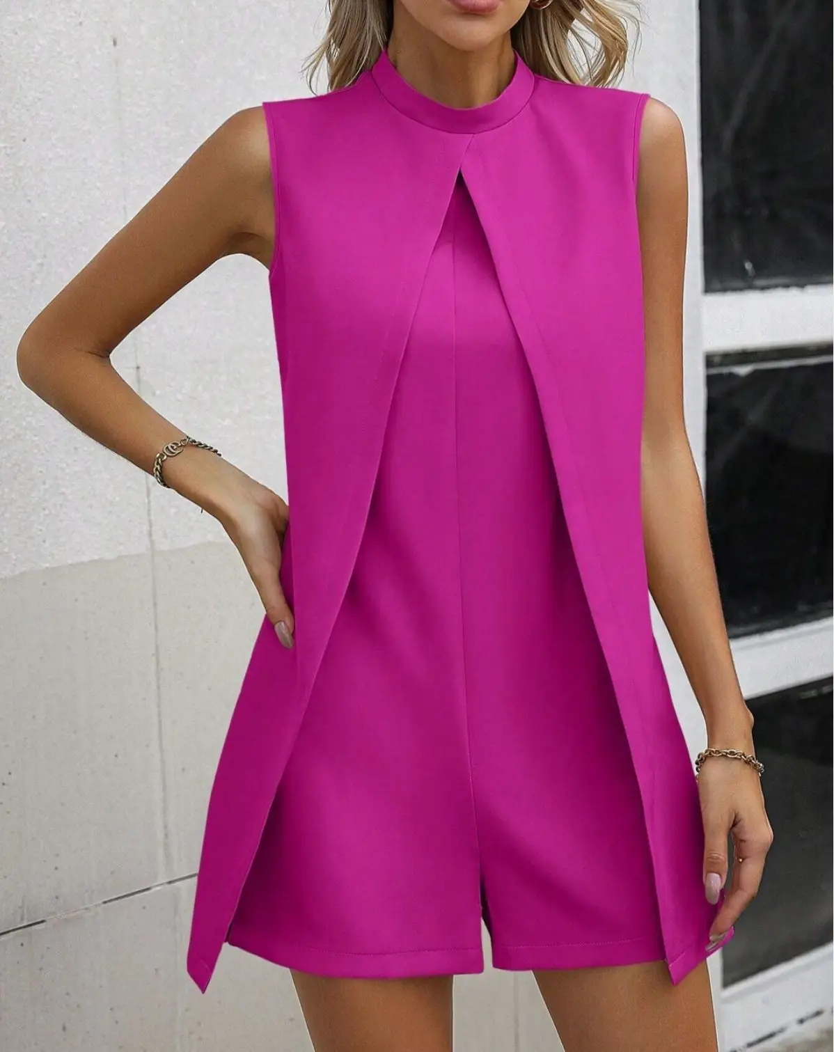 Elegant Women's Summer Solid Color Stand Up Collar Jumpsuit Women's Fashionable Rose Red Sleeveless Slit Casual Jumpsuit S-3XL