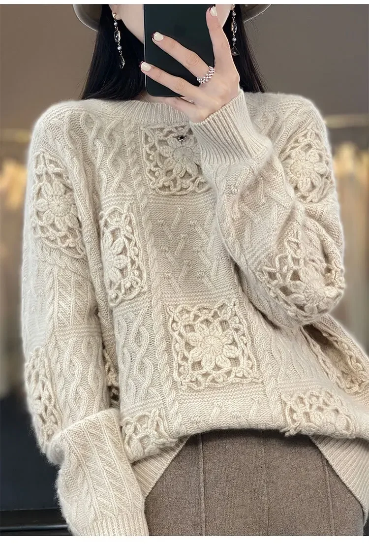 TEELYNN Autumn Winter Loose Knit Pullover for Women Sweaters Tops 100% Cashmere Handmade Floral Sweater Long Sleeve Boho Jumper