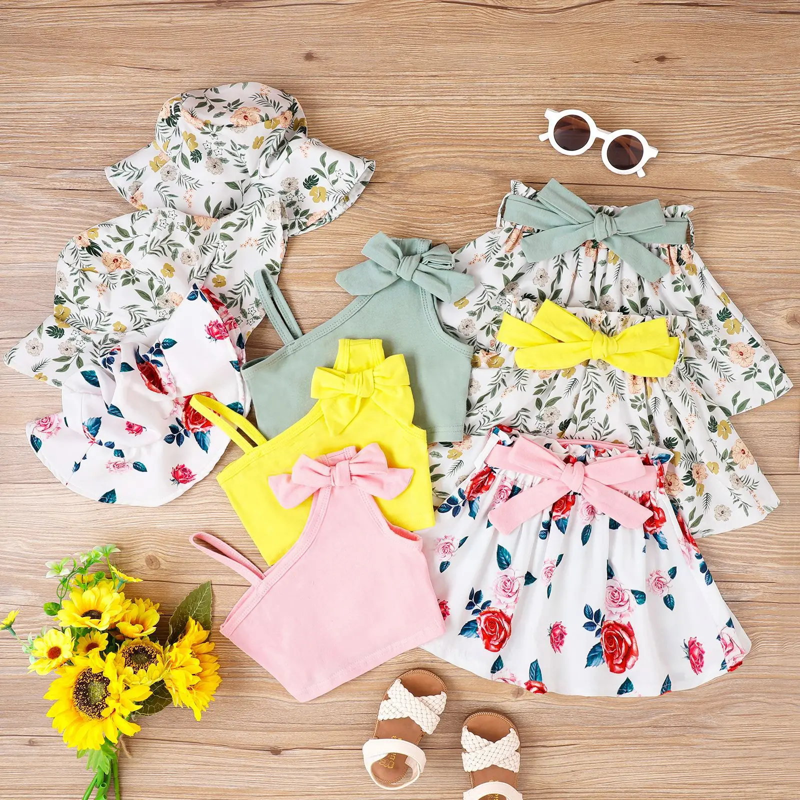 Qunq Summer New Girls Slant Shoulder Suspender Bowknot Cute Top + Print Skirt And Cap 3 Pieces Set Casual Kids Clothes Age 3T-8T